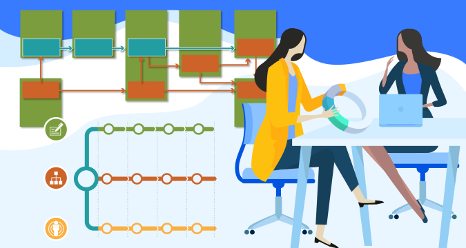 Illustration showing two business women with flowcharts in the backround