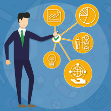 Icon showing businessman and chart with yellow bubbles