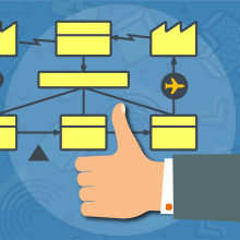Icon showing hand doing thumbs up in front of value stream diagram