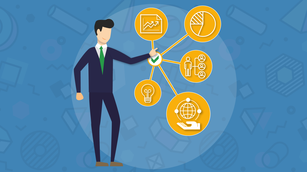 Icon showing businessman and chart with yellow bubbles