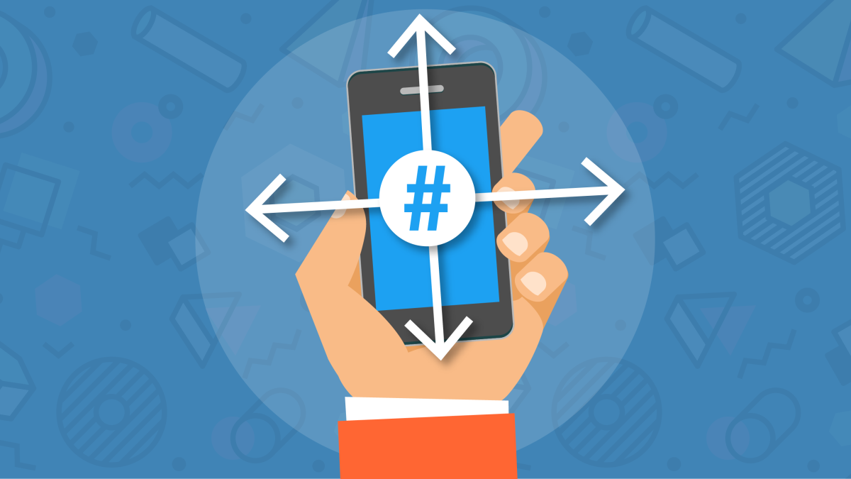 Icon showing hand holding mobile device with hashtag on screen