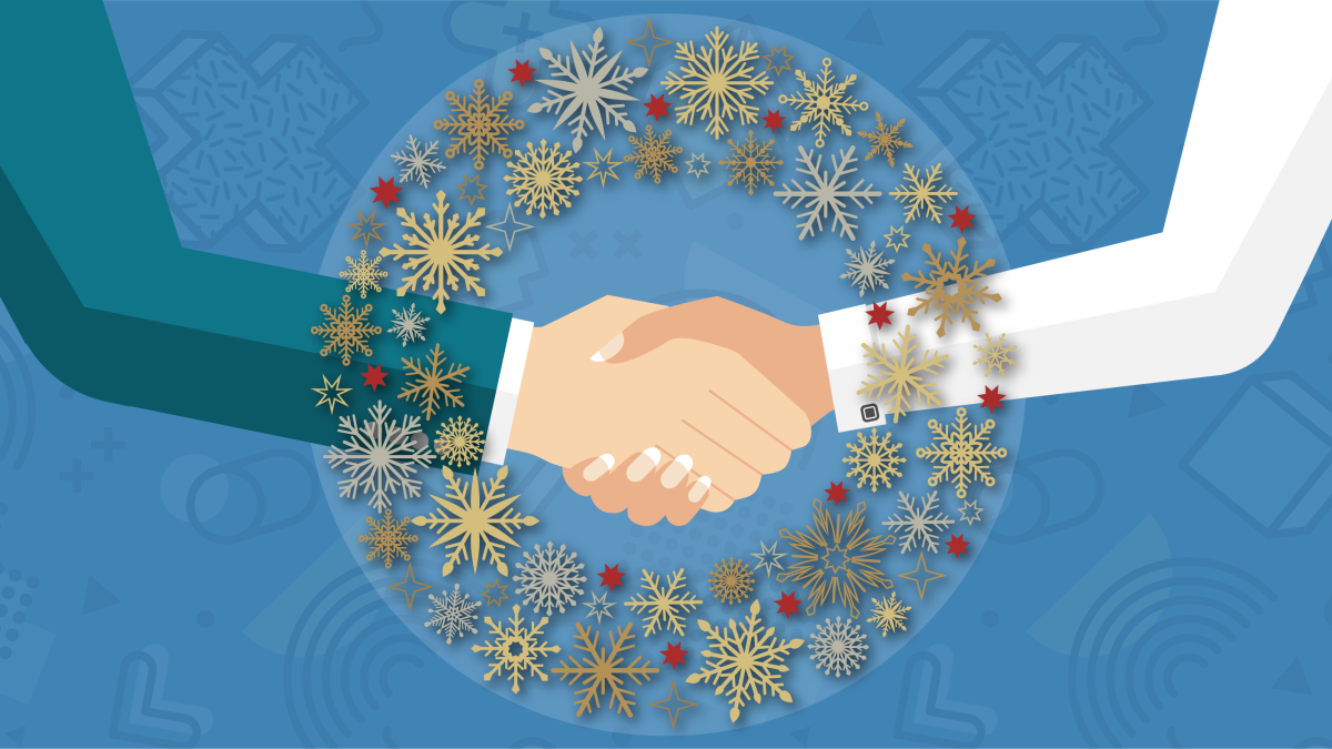 Icon showing hands shaking behind holiday wreath