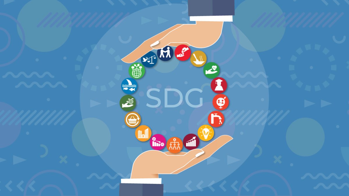 Illustration showing hands supporting United Nations SDGs