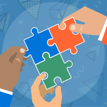 Icon showing three hands putting together puzzle pieces