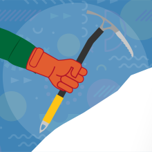 Icon showing hand with climbing axe nearing the summit of a mountain