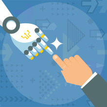 Icon showing human hand and robot AI hand touching