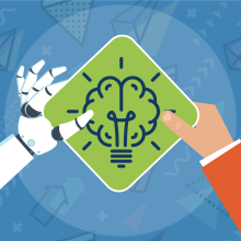 Icon showing AI robot hand and human hand holding medallion (representing AI)
