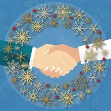 Icon showing hands shaking behind holiday wreath