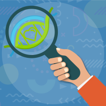 Icon showing hand with magnifying glass with DNA stand forming a heart