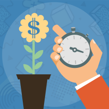 Hand holding stopwatch watching investment grow