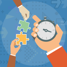 Hand with stopwatch timing hands putting puzzle together