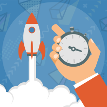 Hand with stopwatch with rocket launching in background
