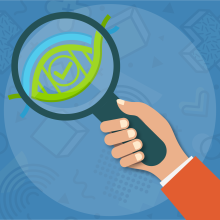 Icon showing hand with magnifying glass with DNA strand forming a checkmark