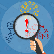 Icon showing hand holding magnifying glass with red exclamation mark