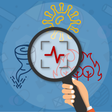 Icon showing hand with magnifying glass examining impending incidents