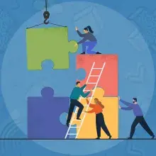 Masthead graphic depicting business people assembling giant puzzle pieces