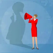 Woman speaking into a megaphone but her shadow shows her holding her index finger to her mouth, &quot;Shhhh&quot;