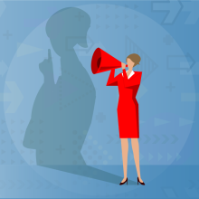 Woman speaking into a megaphone but her shadow shows her holding her index finger to her mouth, &quot;Shhhh&quot;